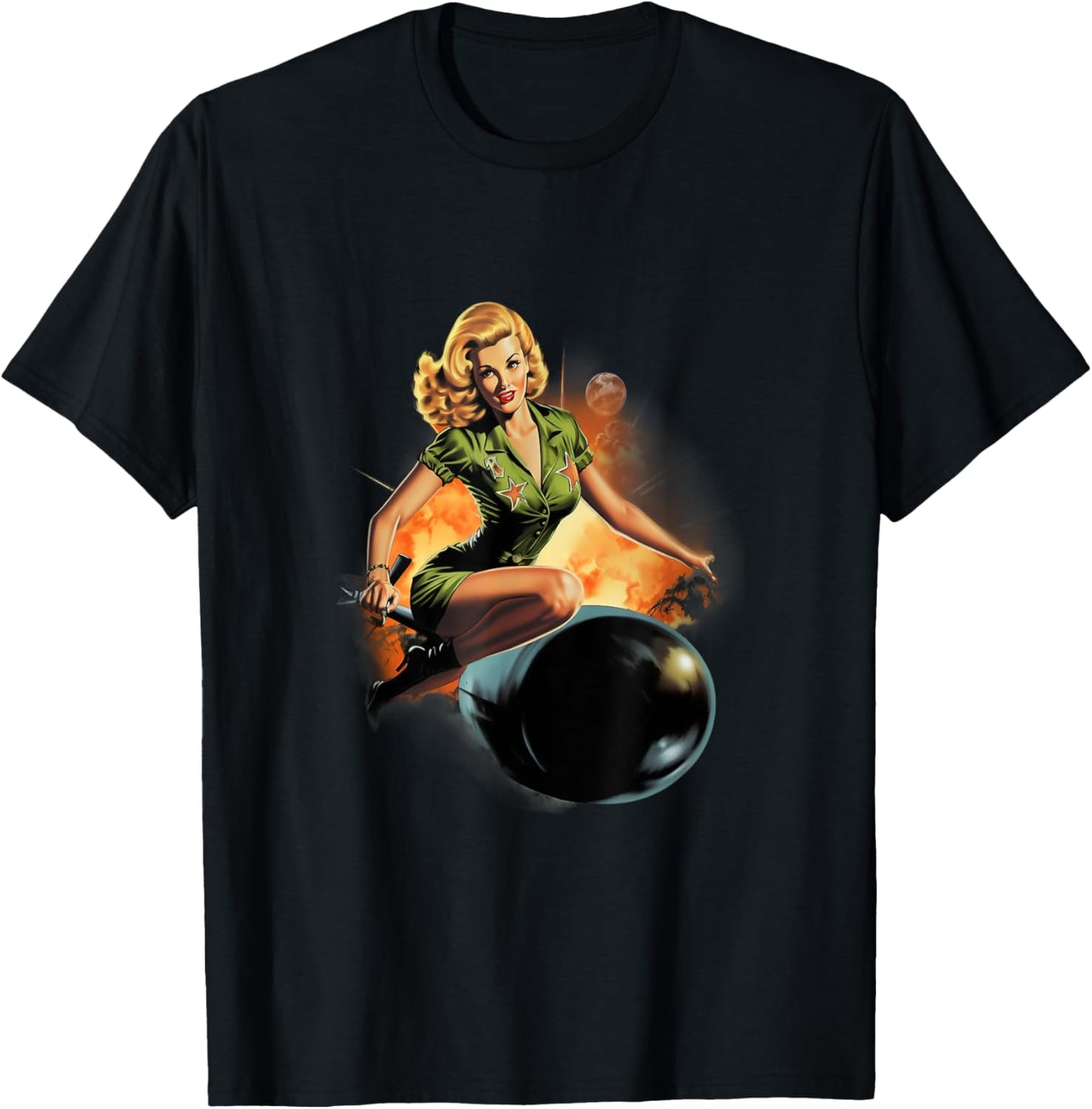 Pinup Girl Military Bomber Girl Riding Bomb T-Shirt - T-Shirt | Black