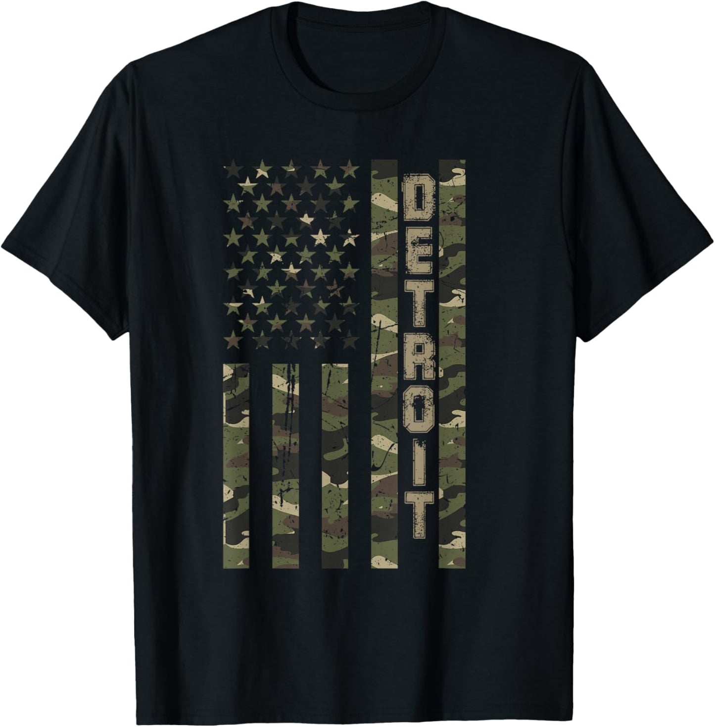 Detroit United States Distressed Camo w US Flag T-Shirt - T-Shirt | Black
