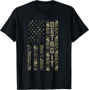 Detroit United States Distressed Camo w US Flag T-Shirt - T-Shirt | Black