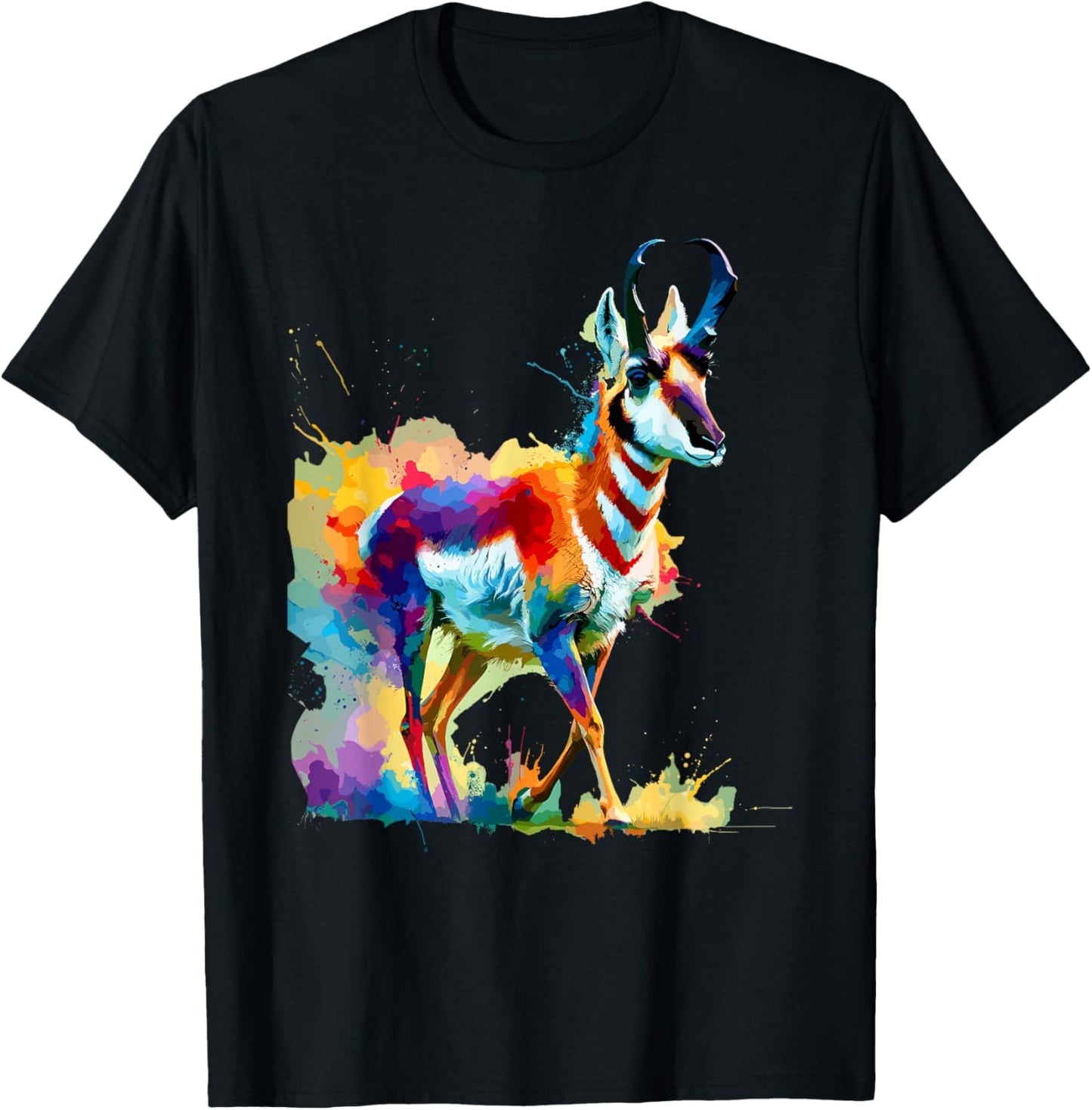 Colorful Splash Art Pronghorn American Antelope Pronghorns T-Shirt - T-Shirt | Black
