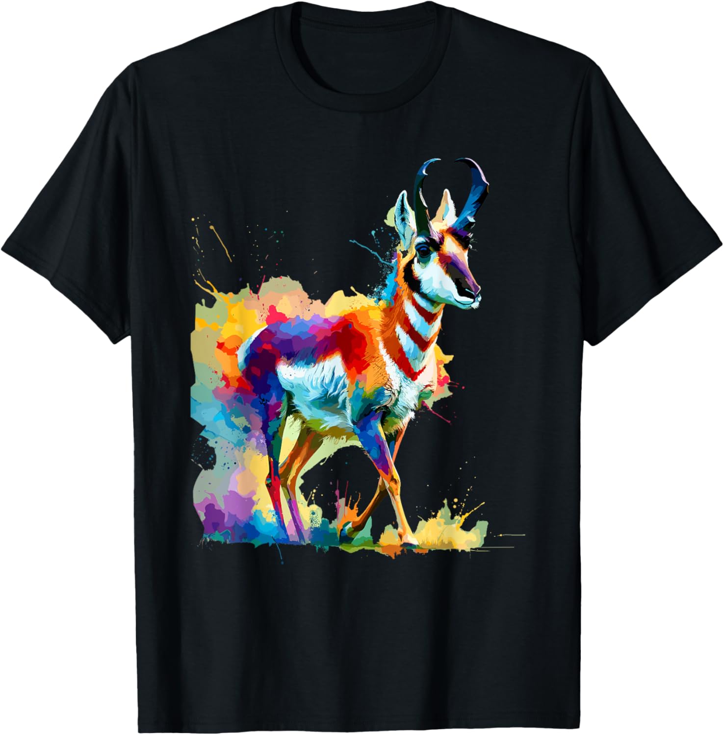 Colorful Splash Art Pronghorn American Antelope Pronghorns T-Shirt - T-Shirt | Black
