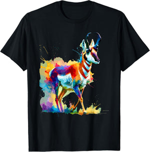 Colorful Splash Art Pronghorn American Antelope Pronghorns T-Shirt - T-Shirt | Black