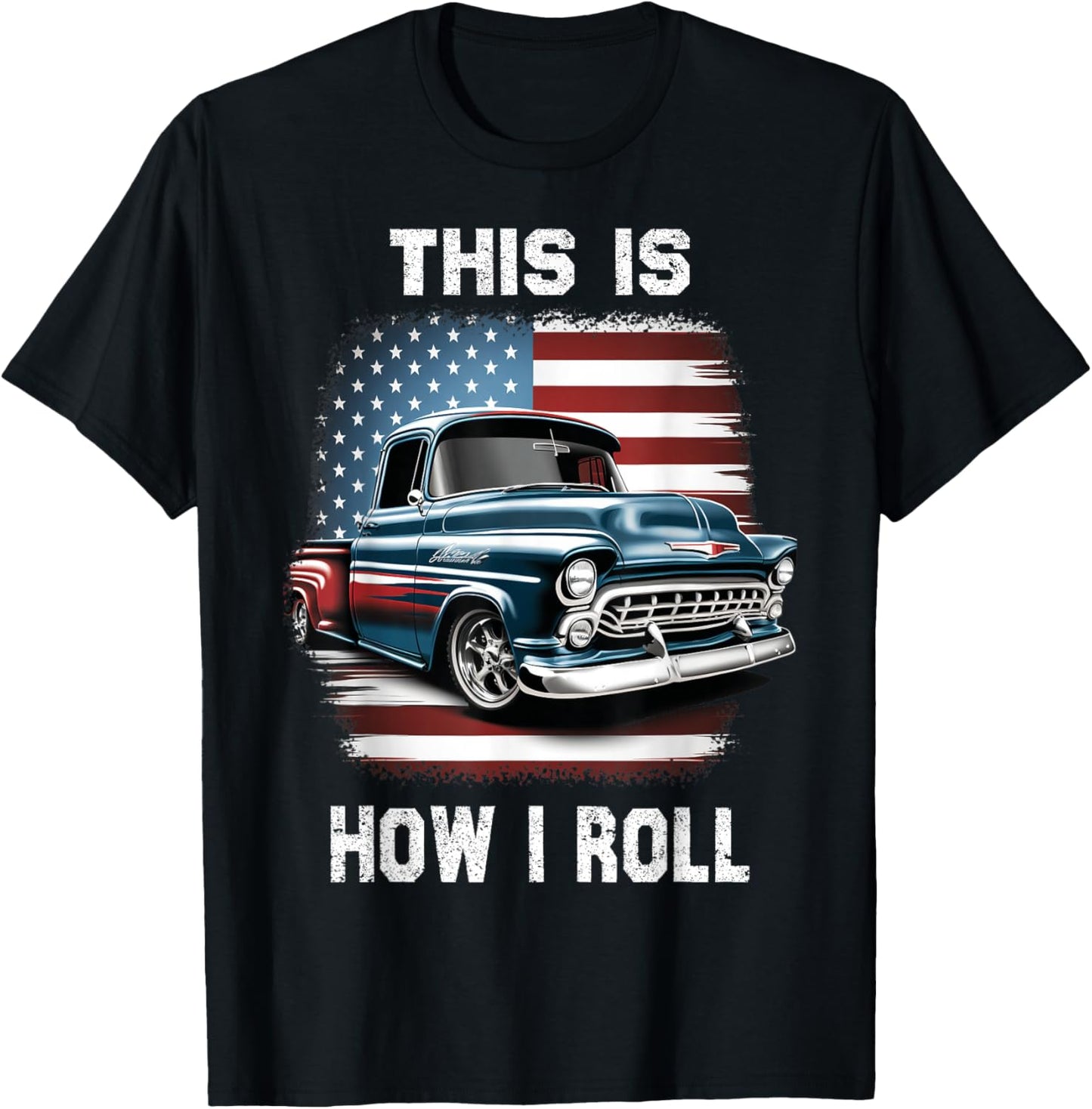 Classic Old Pickup Truck American Flag 4th of July Patriotic T-Shirt - T-Shirt | Black