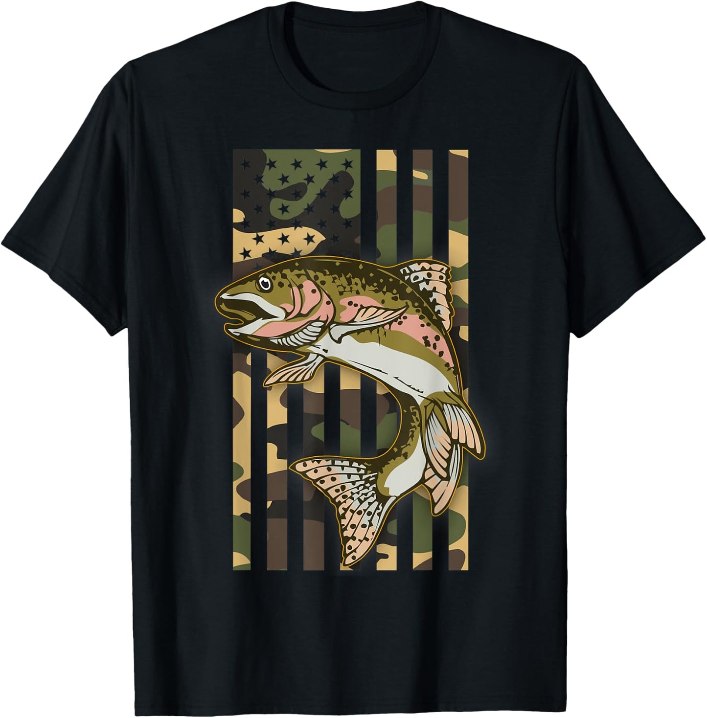 Trout Fishing Camo American Flag Rainbow Trout Fisherman T-Shirt - T-Shirt | Black