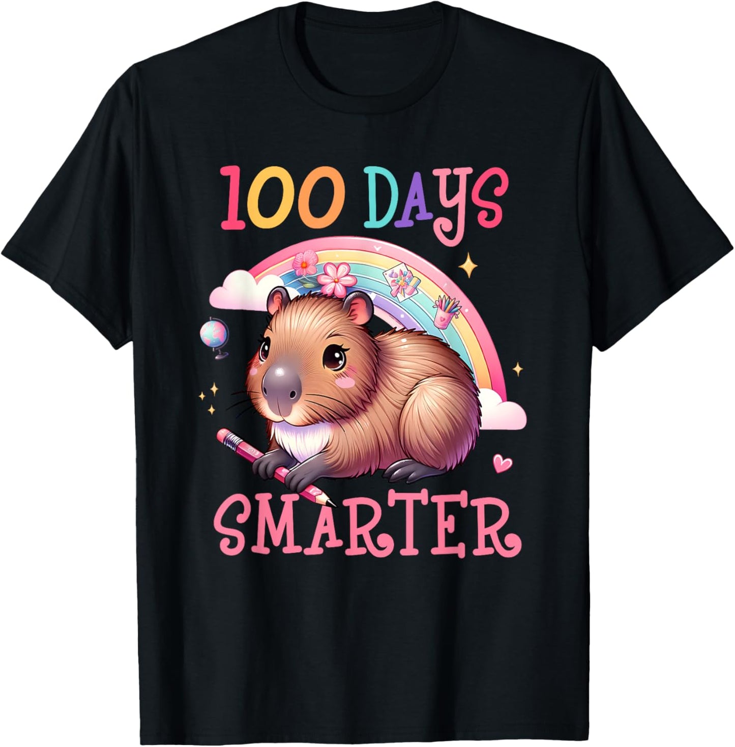 100 Days Smarter Capybara Kids Teacher 100th Day of School T-Shirt - T-Shirt | Black