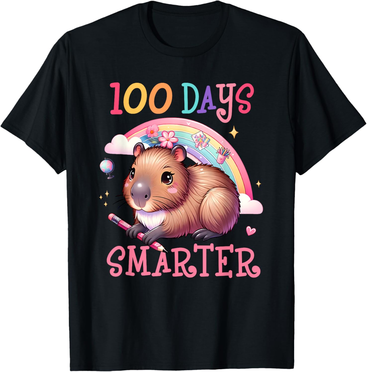 100 Days Smarter Capybara Kids Teacher 100th Day of School T-Shirt - T-Shirt | Black
