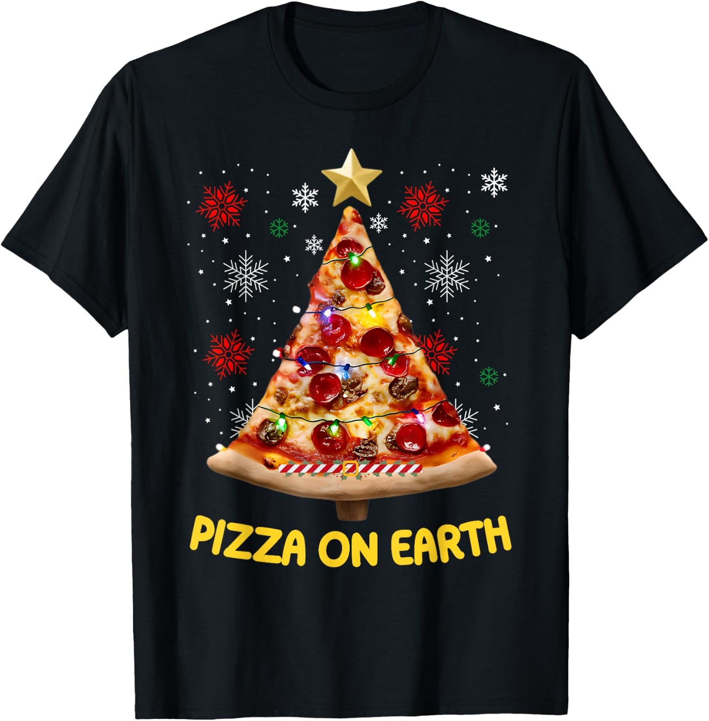 Pizza on Earth Christmas Tree Funny Xmas Pizza Fast Food T-Shirt - T-Shirt | Black
