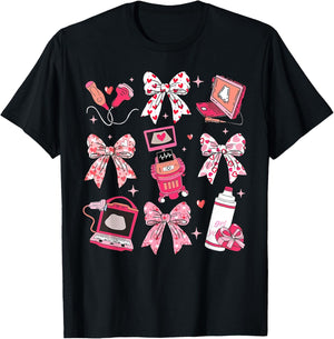 Coquette Bow Sonographer Valentine Ultrasound Tech OB Tech T-Shirt - T-Shirt | Black