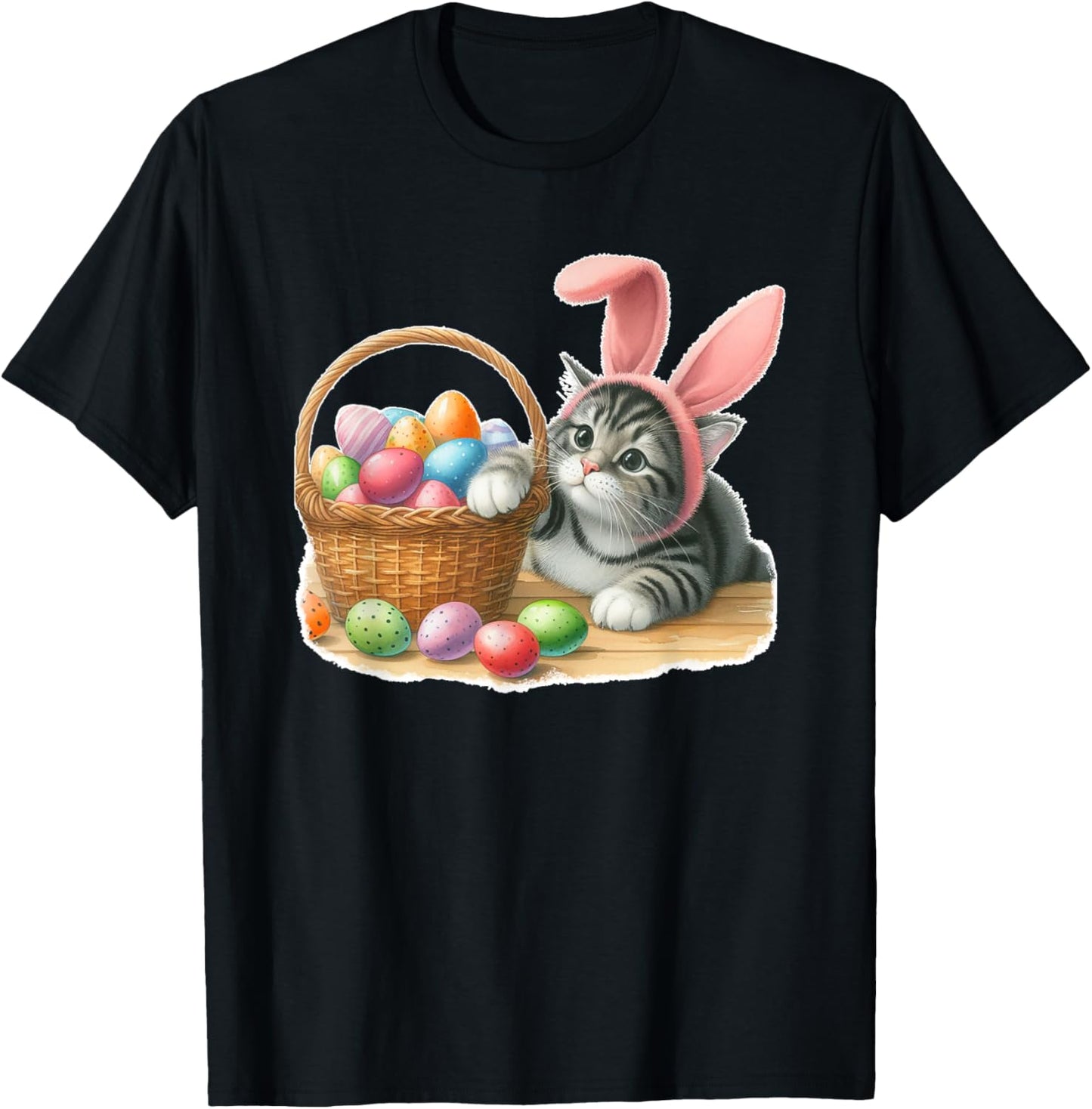 Cute Tabby Striped Gray Grey Kitten Rabbit Ears Easter Eggs T-Shirt - T-Shirt | Black