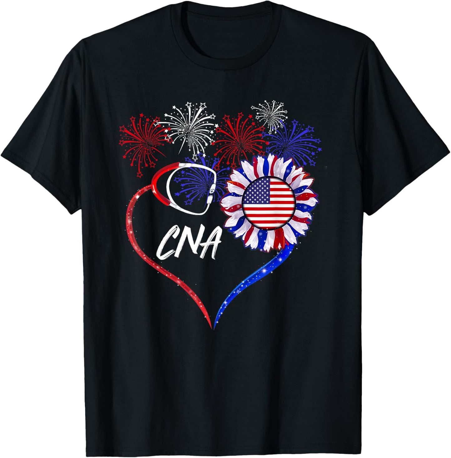 Patriotic Nurse CNA 4th Of July American Flag Sunflower Love Women Men T-Shirt - T-Shirt | Black