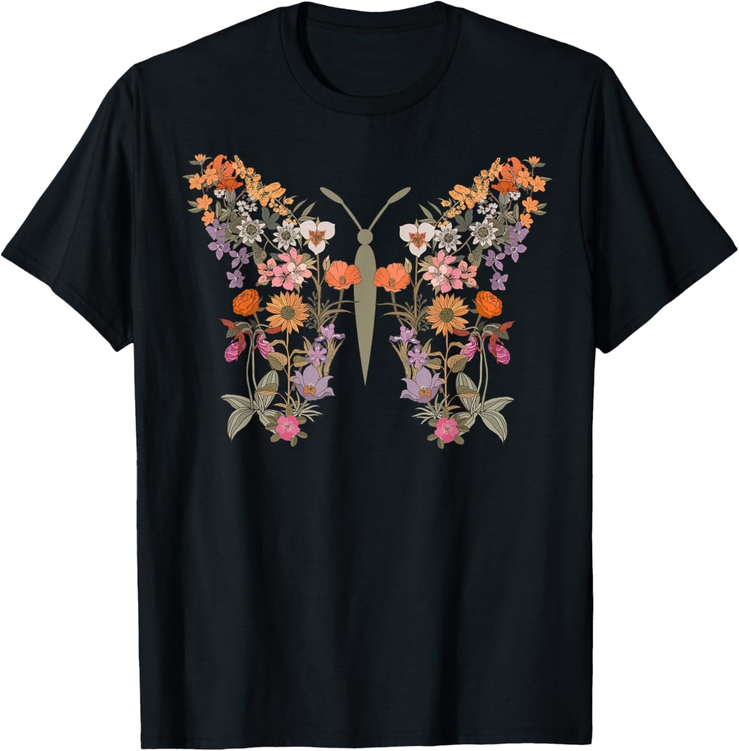 Women Boho Wildflower Summer Flowers Butterfly Shape Graphic T-Shirt - T-Shirt | Black