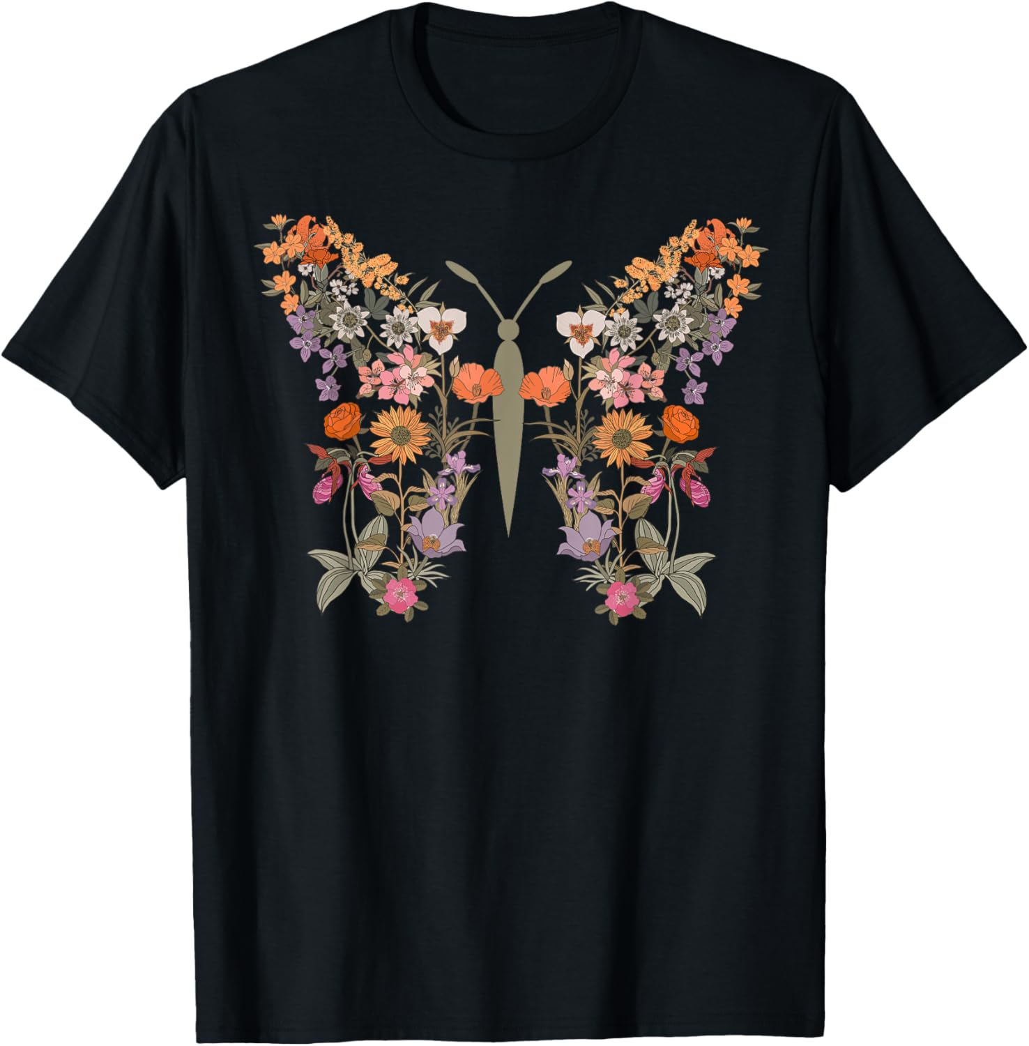 Women Boho Wildflower Summer Flowers Butterfly Shape Graphic T-Shirt - T-Shirt | Black