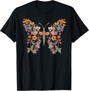 Women Boho Wildflower Summer Flowers Butterfly Shape Graphic T-Shirt - T-Shirt | Black