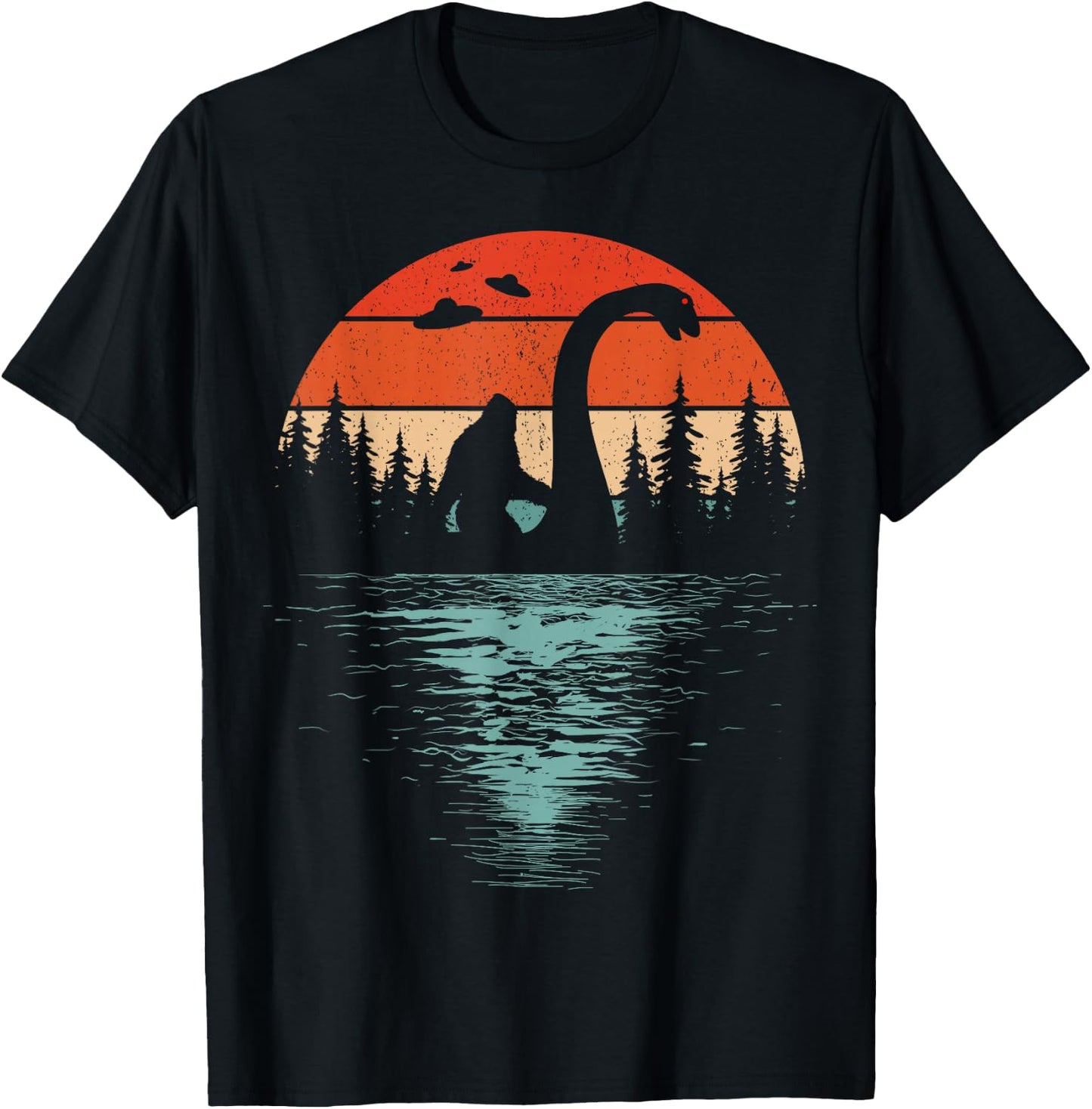 Bigfoot Riding Loch Ness Monster 80s Funny Sasquatch Nessie T-Shirt - T-Shirt | Black