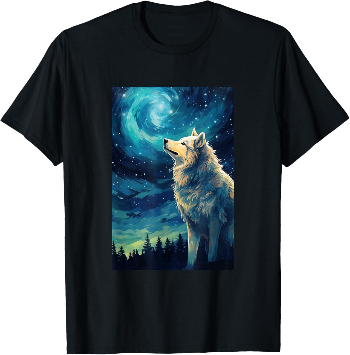 Wolf Wolves - Van Gogh Style - Starry Night T-Shirt - T-Shirt | Black