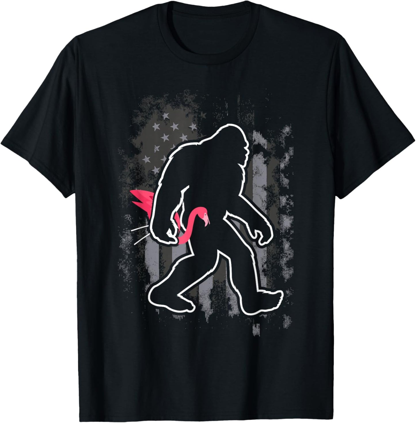 Bigfoot Carrying Lawn Flamingo Funny Sasquatch T-Shirt - T-Shirt | Black