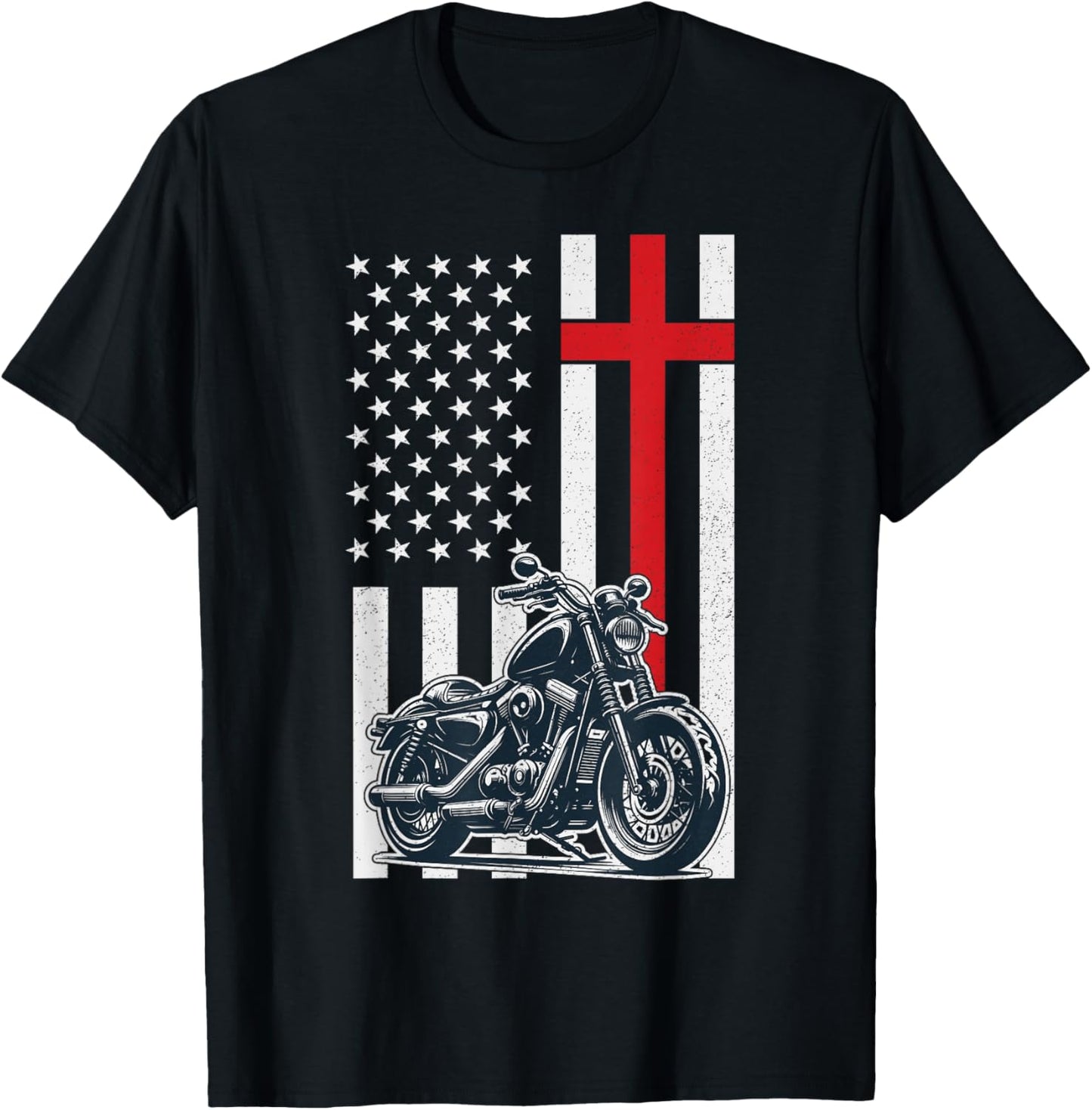 Christian Biker Motorcycle American Flag Cross T-Shirt - T-Shirt | Black