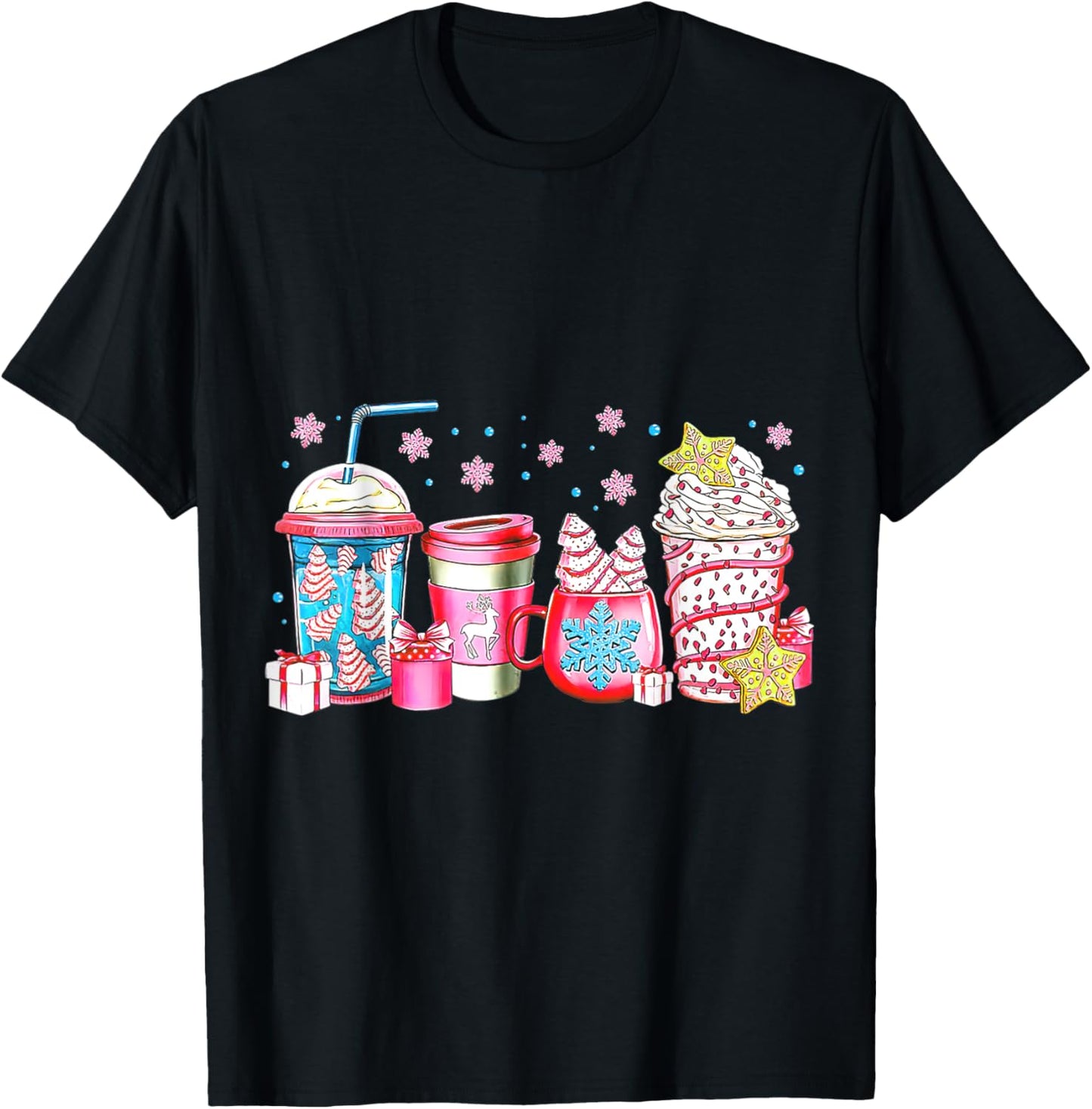Cute Pink Coffee Cups Latte Christmas Design Women Girls T-Shirt - T-Shirt | Black