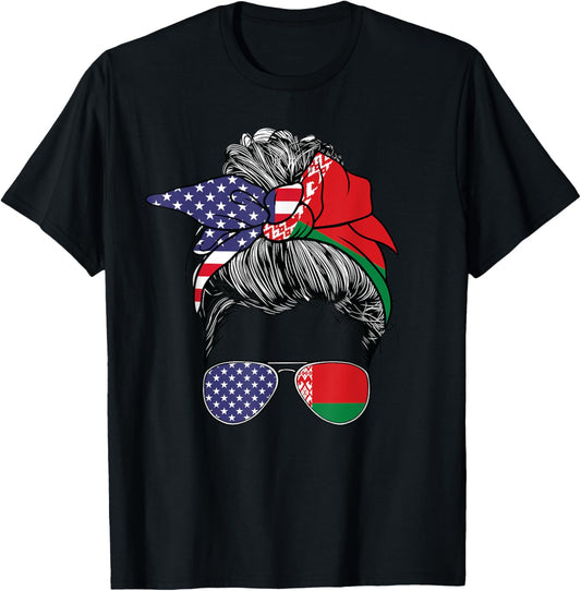Belarusian Women Girl USA Heritage American Belarus Flag T-Shirt - T-Shirt | Black