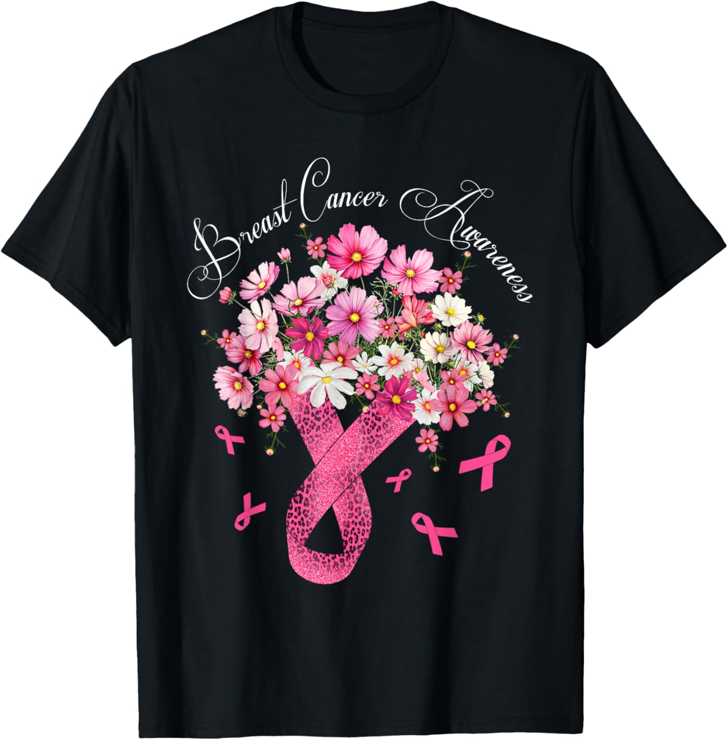 Breast Cancer Awareness Fighter Survivor Floral Pink Ribbon T-Shirt - T-Shirt | Black