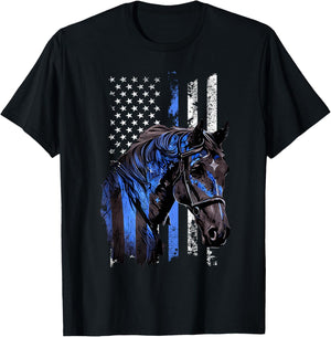 Thin Blue Line Mounted Patrol Patriotic Police Horse T-Shirt - T-Shirt | Black