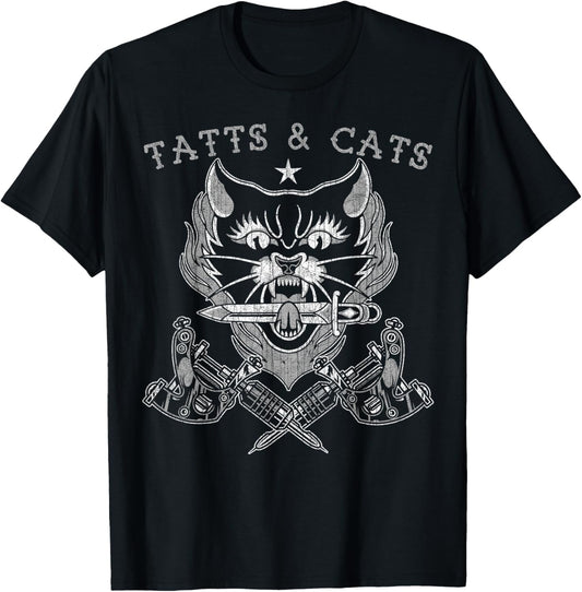 Tatts and Cats, Old School, Cat Lovers, Tattoo Machine T-Shirt - T-Shirt | Black