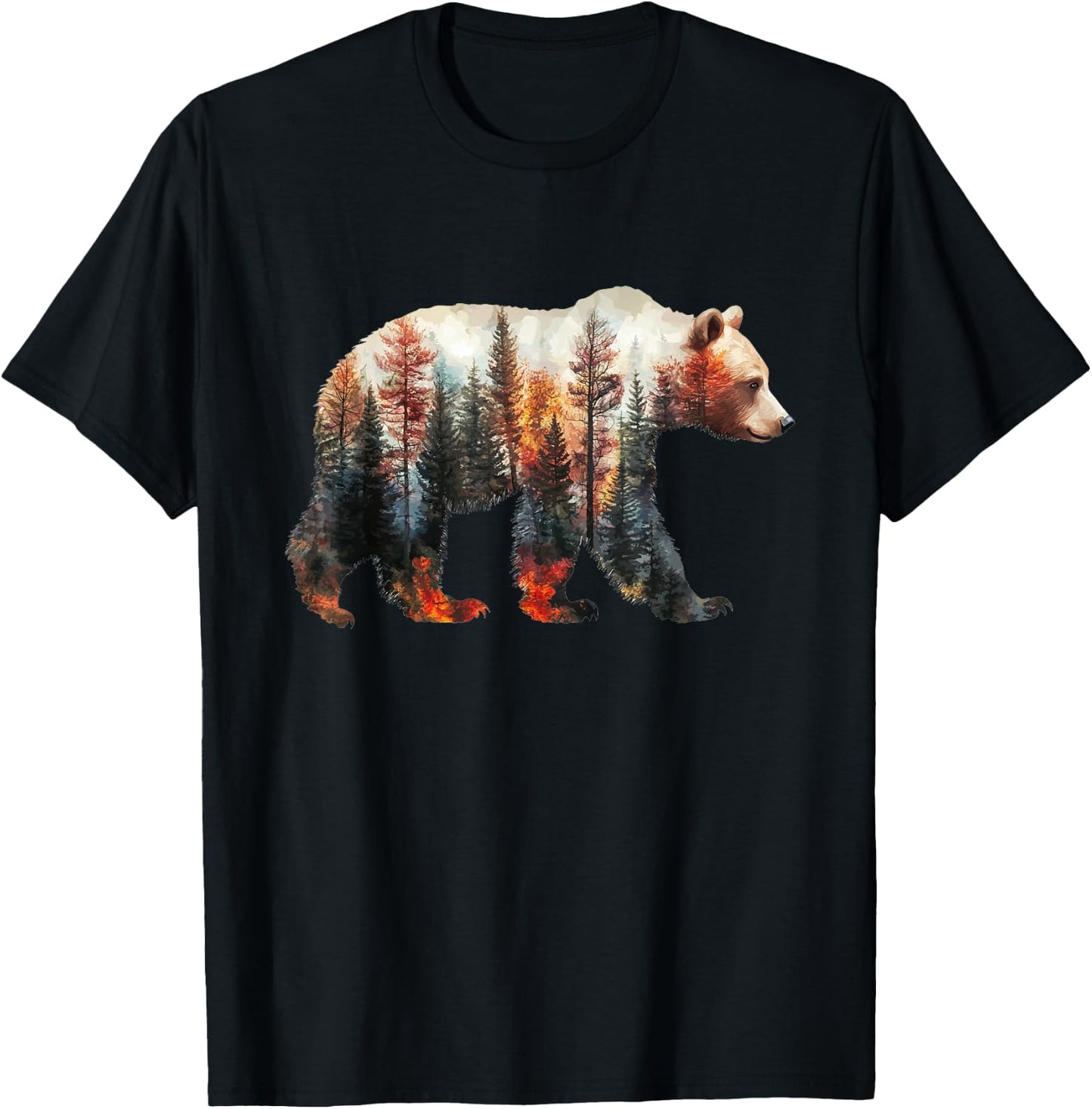 Bear Forest Mountains Trees Nature Sunset Outdoor Graphic T-Shirt - T-Shirt | Black