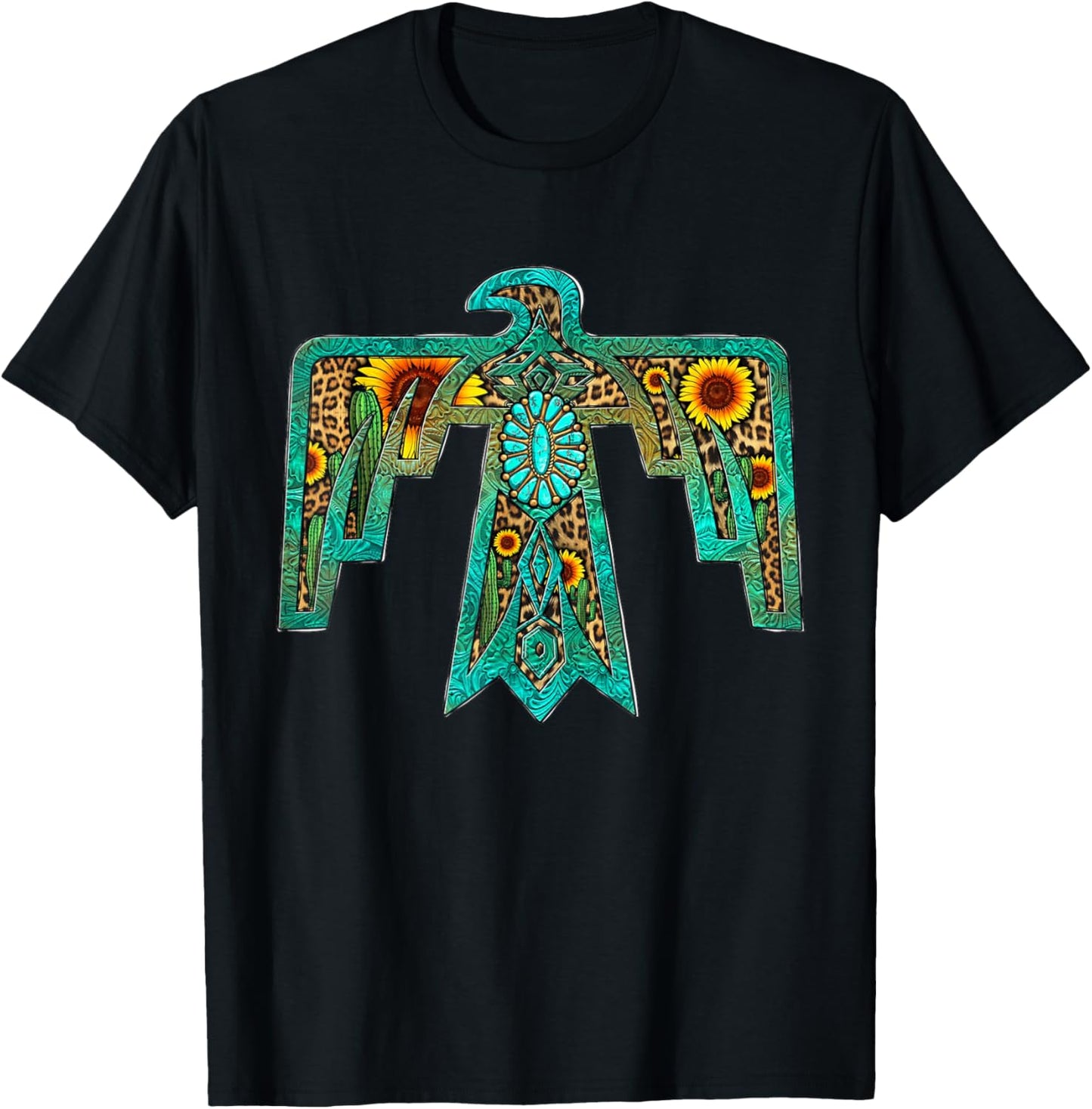 Western Southern Native American Thunderbird Sunflowers T-Shirt - T-Shirt | Black