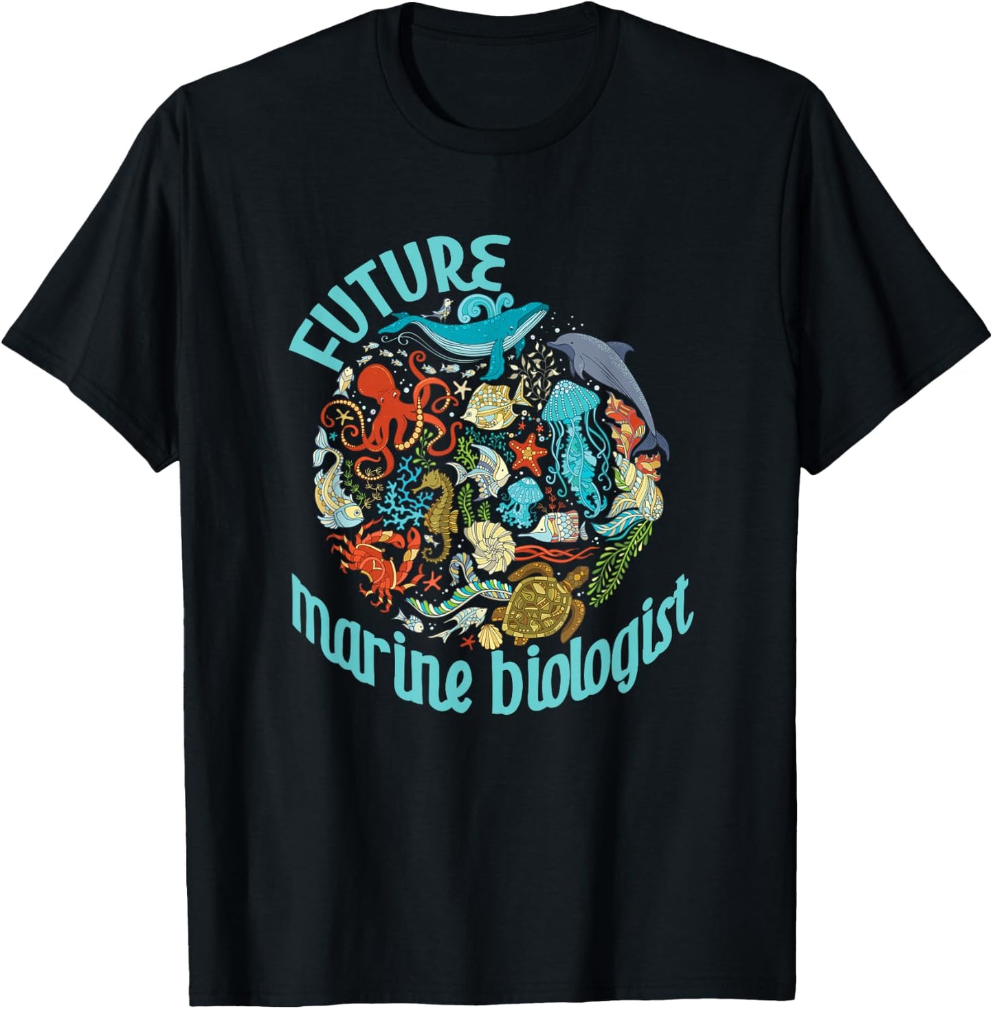 Future Marine Biologist Ocean Life Drawing Whale Octopus T-Shirt - T-Shirt | Black