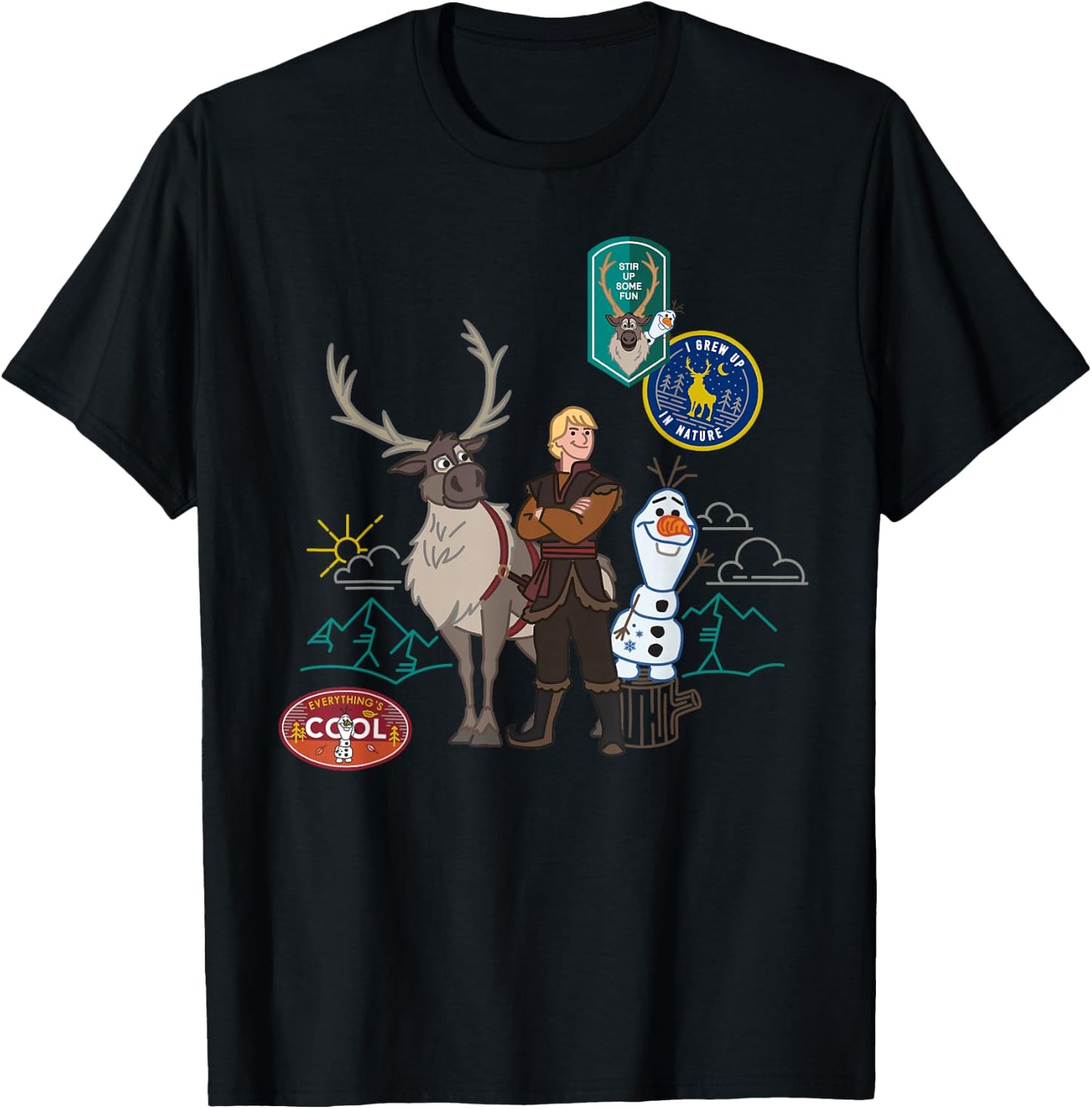 Disney Frozen 2 Olaf, Sven, and Kristoff Patches T-Shirt - T-Shirt | Black