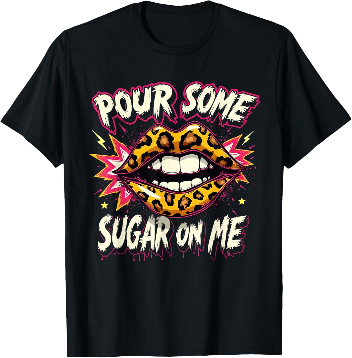 Happy Valentine's Day Retro Leopard Lips Pour Some Sugar Art T-Shirt - T-Shirt | Black