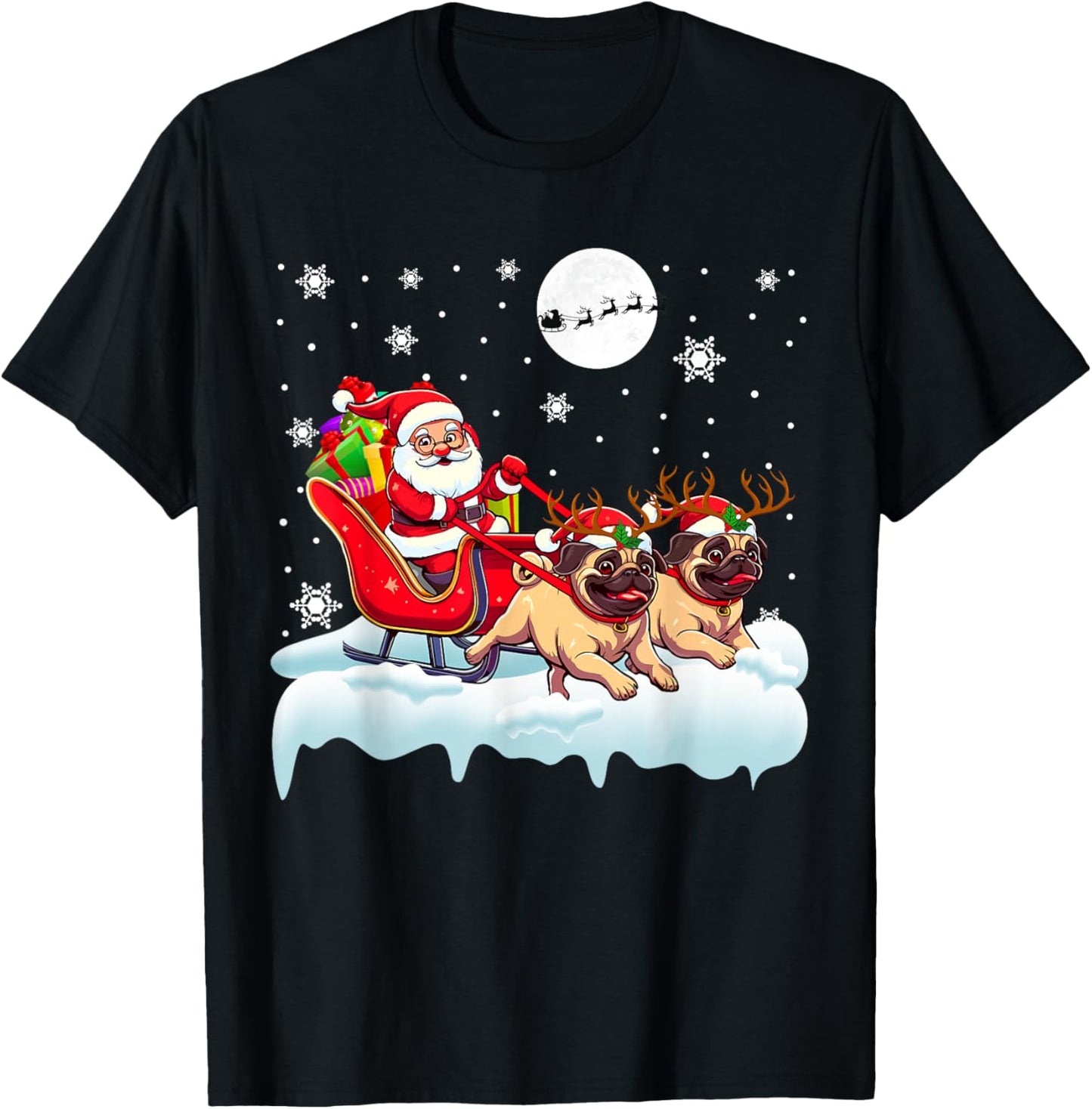 Santa Sleigh Reindeer Pugs Christmas Matching Owner T-Shirt - T-Shirt | Black