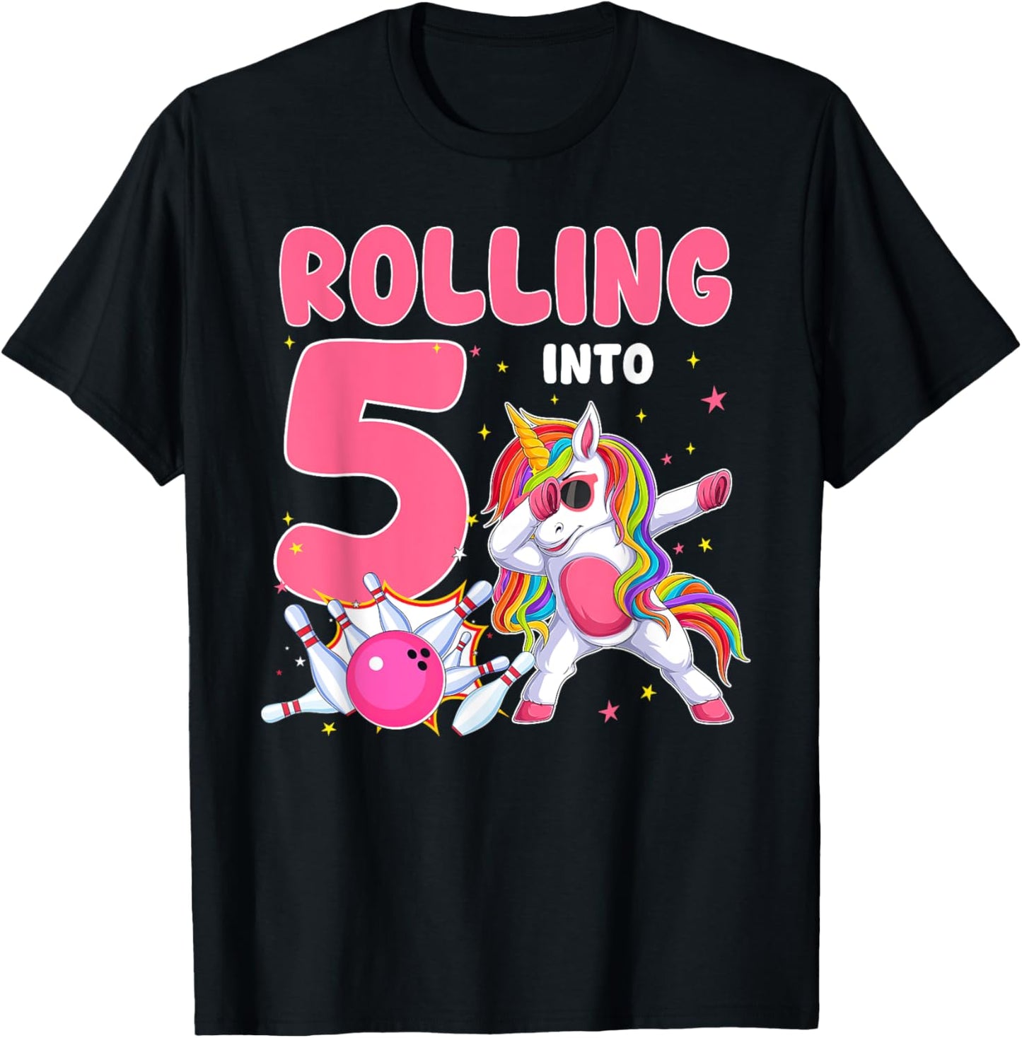 Rolling Into 5 5th Birthday Unicorn Bowling 5 Year Old T-Shirt - T-Shirt | Black