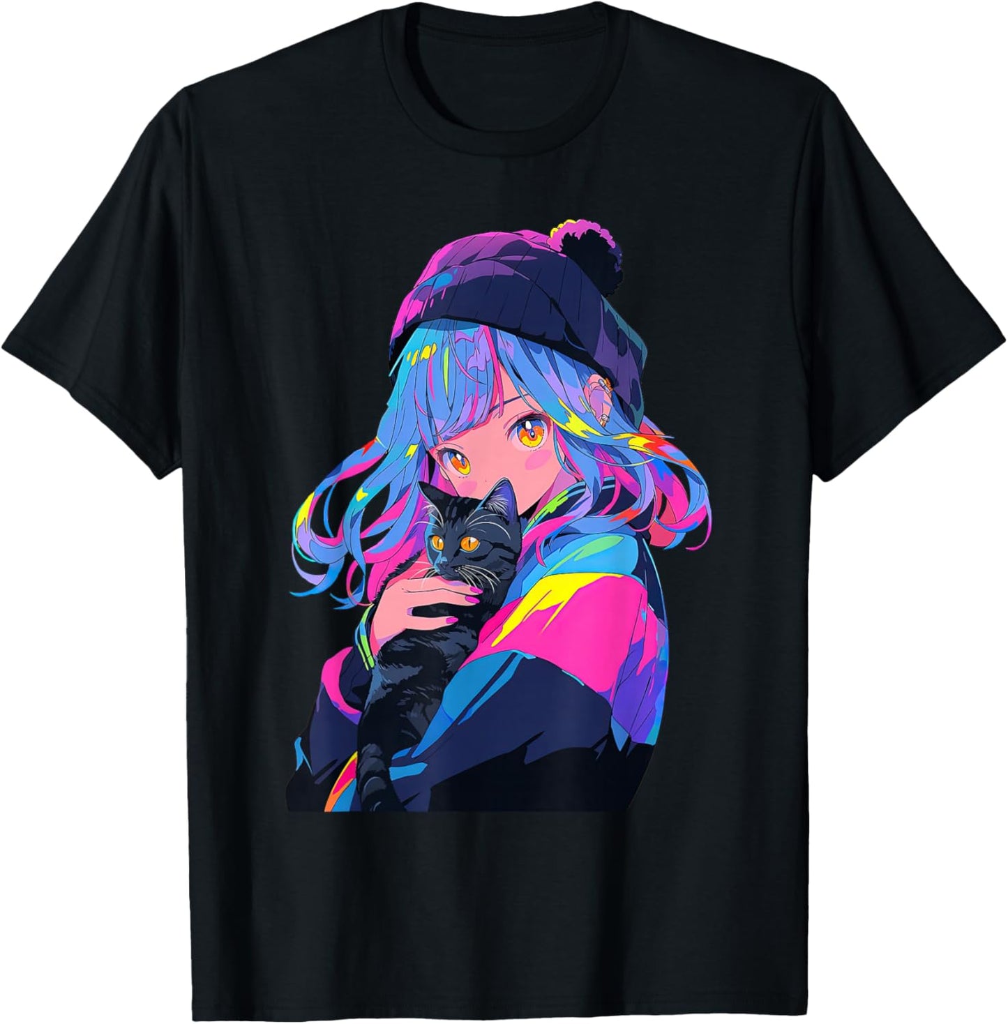Anime and Cats Manga Girl with a Cat Anime Lover T-Shirt - T-Shirt | Black
