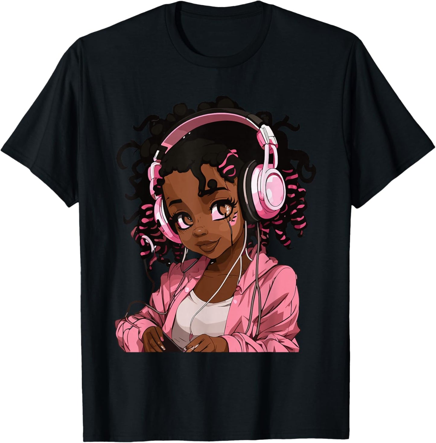 Anime and Music Black Girl Anime Merch Afro African American T-Shirt - T-Shirt | Black