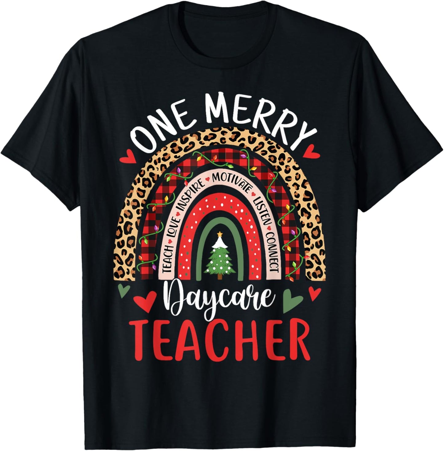 One Merry Daycare Teacher Funny Rainbow Christmas Teacher Men Women T-Shirt - T-Shirt | Black