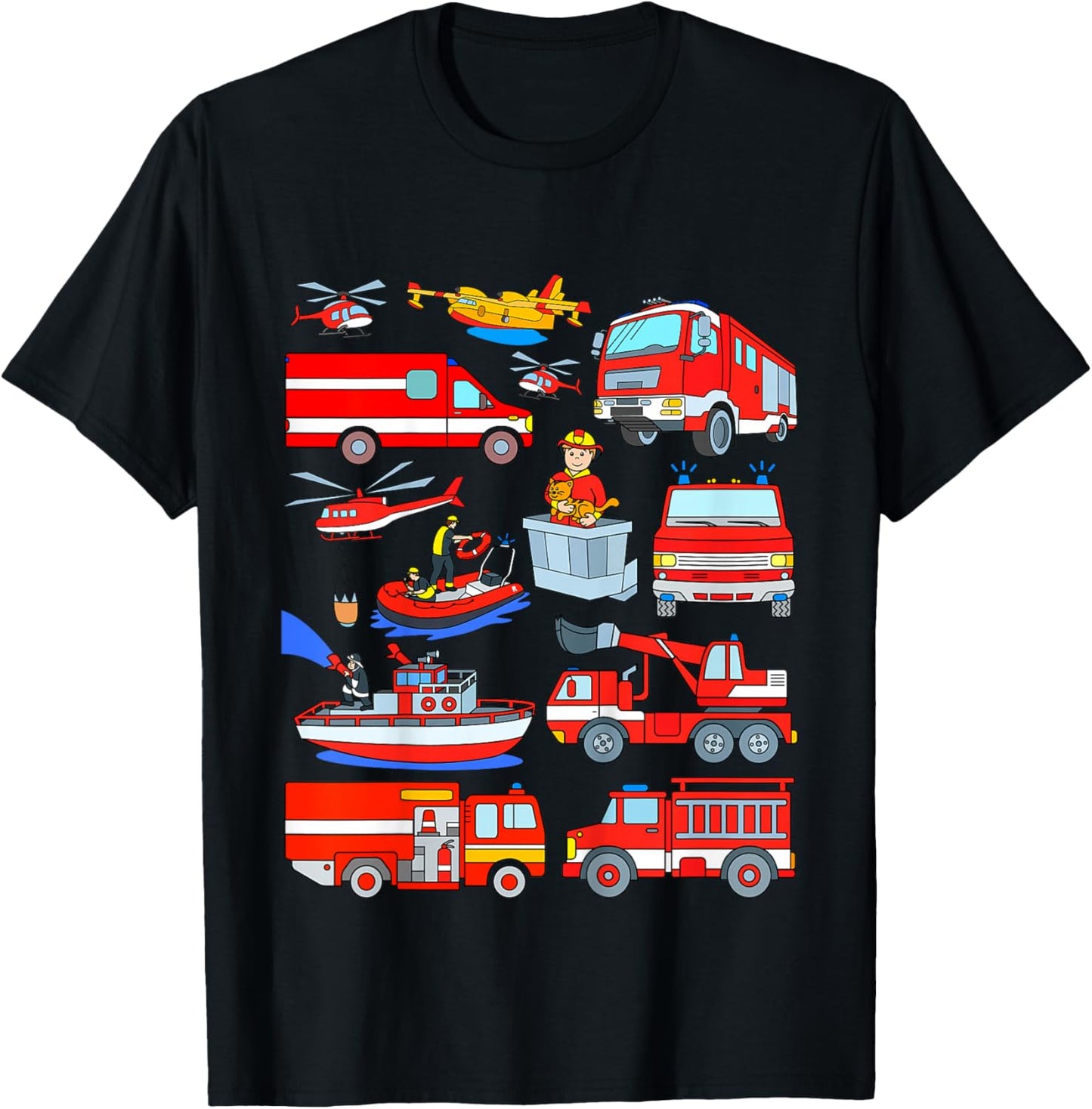 Kids Fire Truck Fireman Cat Rescue Boat Plane Firefighters Boy T-Shirt - T-Shirt | Black