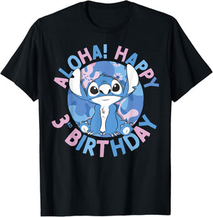 Disney Lilo & Stitch Aloha Happy 3rd Birthday T-Shirt - T-Shirt | Black