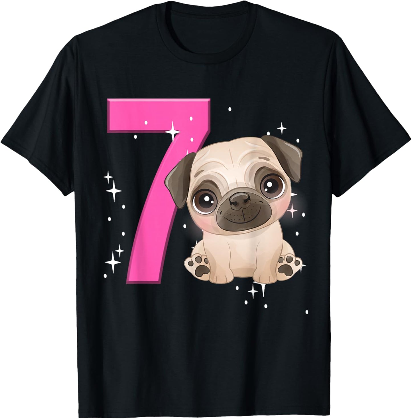 7th Birthday Girl Pug Dog Birthday Shirt Party Pug Kid Seven T-Shirt - T-Shirt | Black