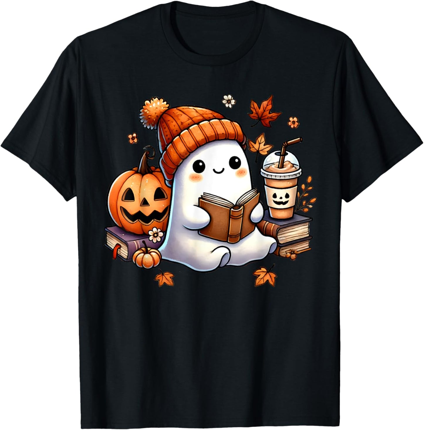 Cute Ghost Reading Book Lovers Halloween Ghost Coffee Women T-Shirt - T-Shirt | Black