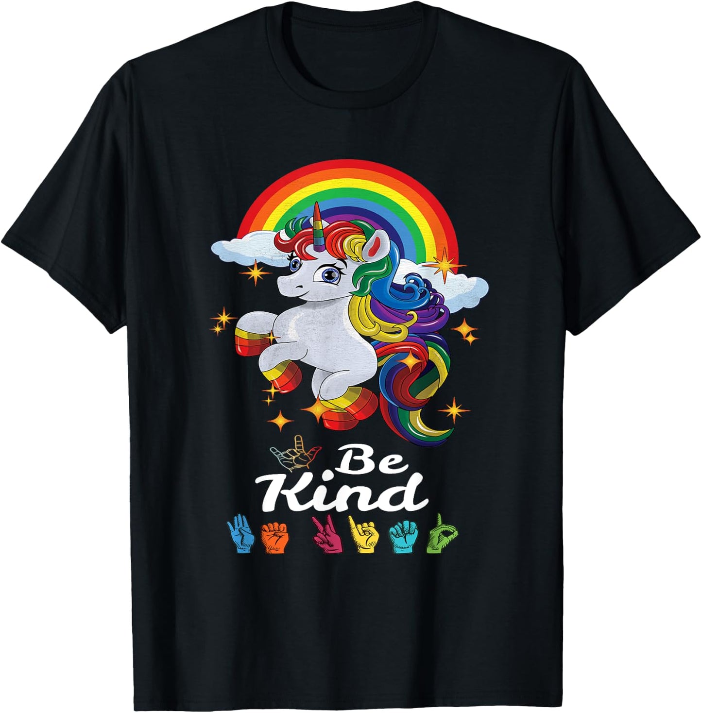 Be Kind Love ASL Teacher American Sign Language Girl Unicorn T-Shirt - T-Shirt | Black
