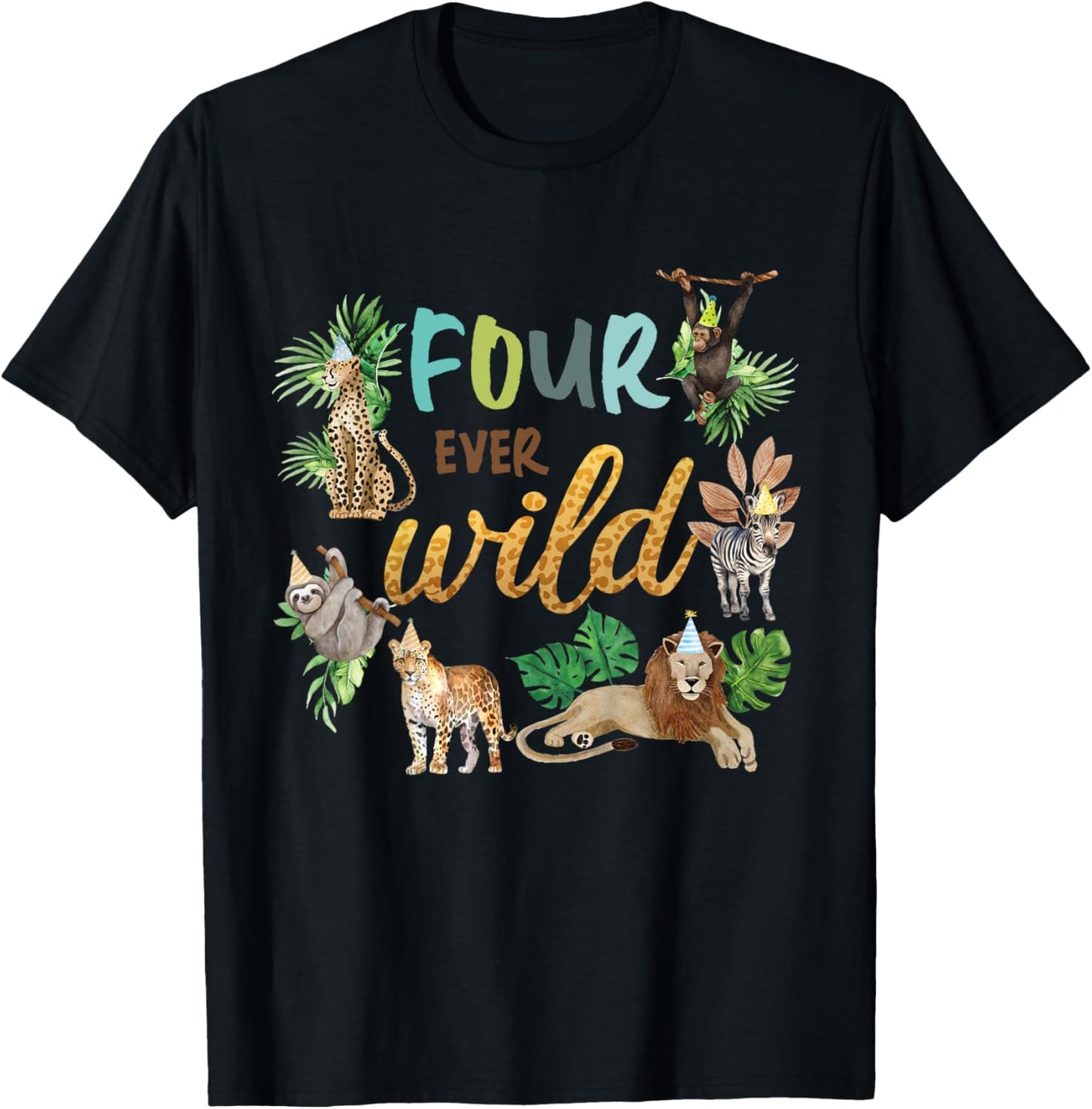 Kids Four Ever Wild 4th Birthday Boy Zoo Safari Jungle Theme Son T-Shirt - T-Shirt | Black
