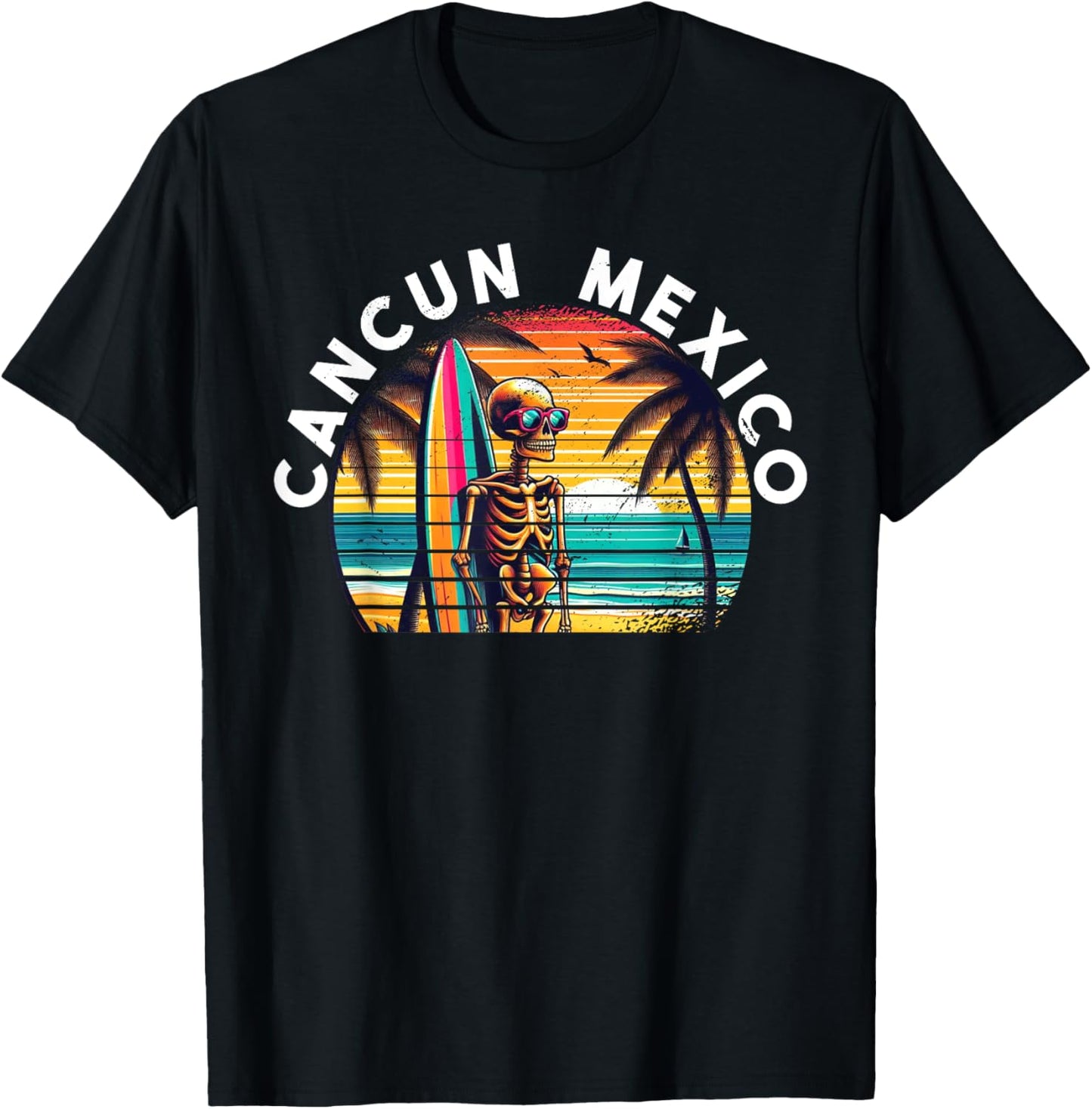 Cancun Mexico Vintage Skull Surf Cancun T-Shirt - T-Shirt | Black