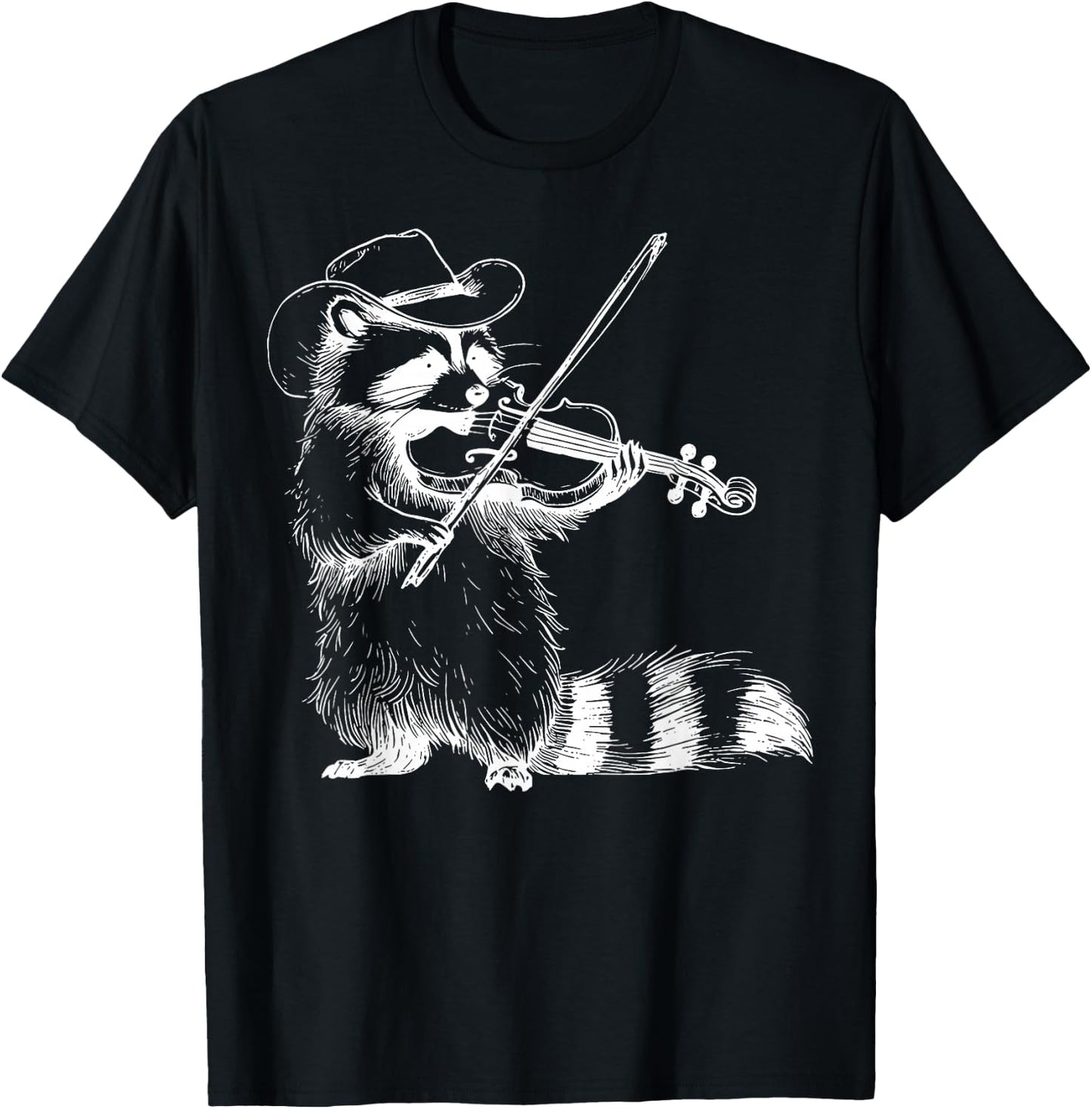 Vintage Cowboy Raccoon Playing Fiddle Violin Animal Musician T-Shirt - T-Shirt | Black