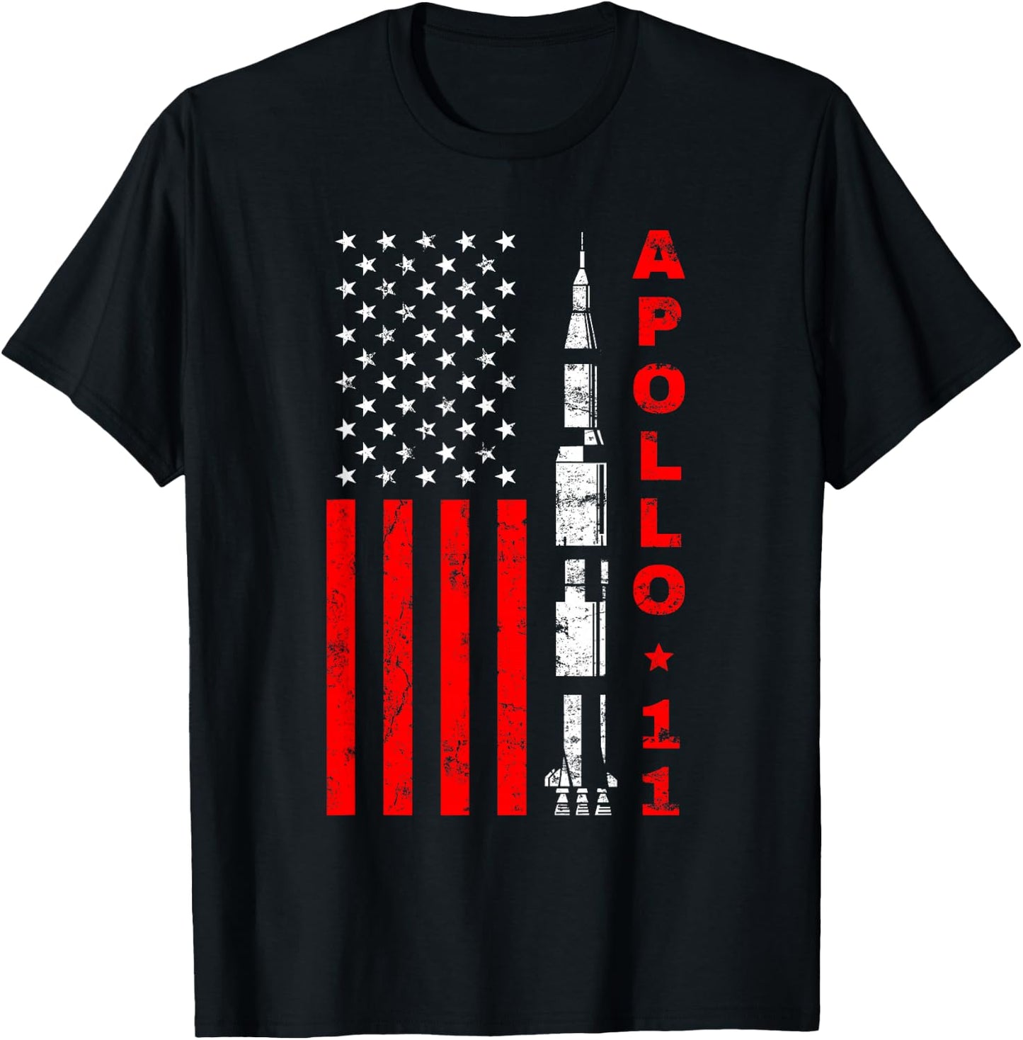 Apollo 11 Saturn V Rocket USA Flag T-Shirt - T-Shirt | Black