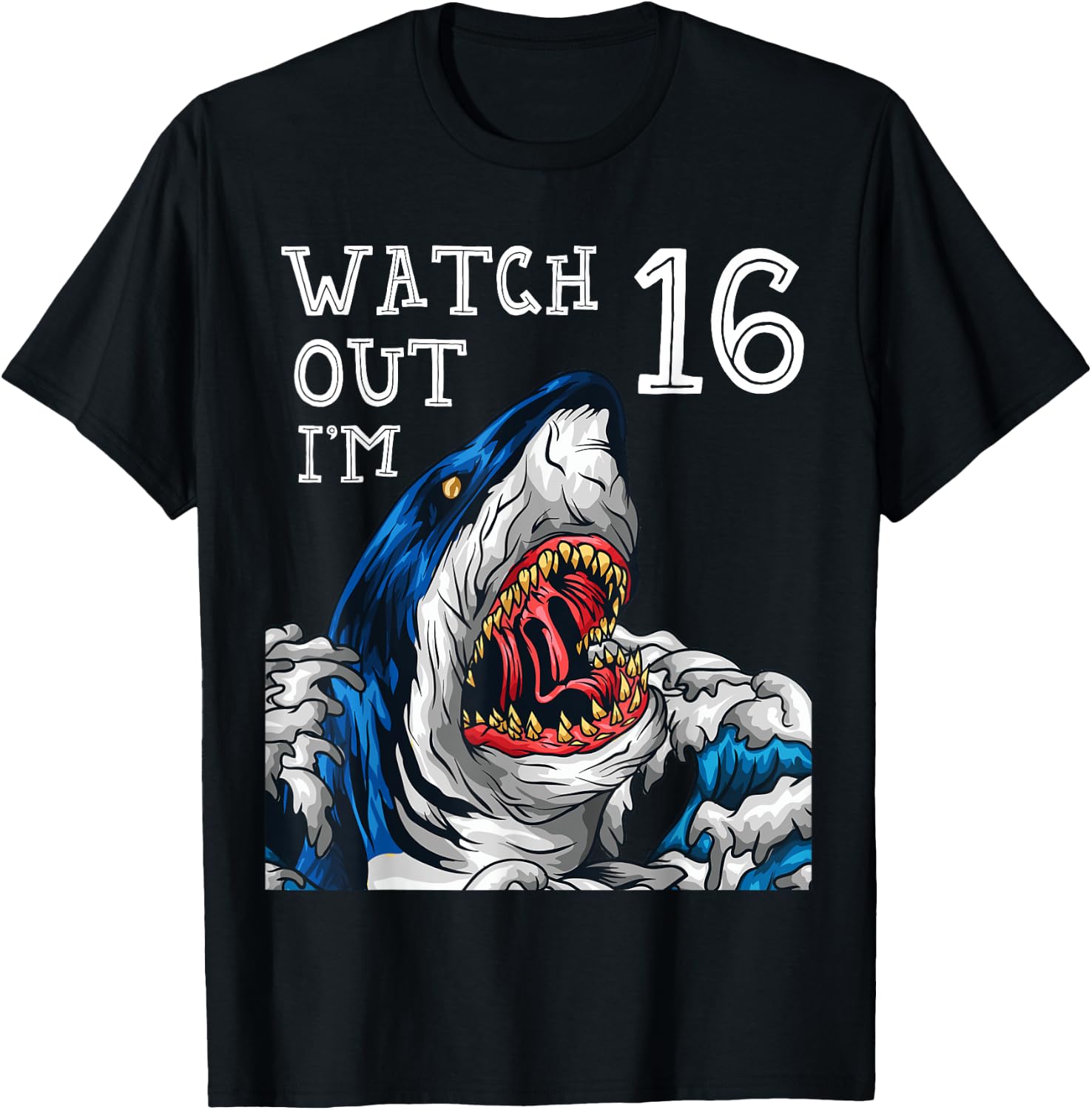 Shark 16th Birthday Boys Gift Pool Party Ocean Fan 16 T-Shirt - T-Shirt | Black