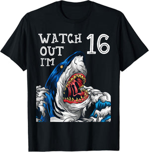 Shark 16th Birthday Boys Gift Pool Party Ocean Fan 16 T-Shirt - T-Shirt | Black