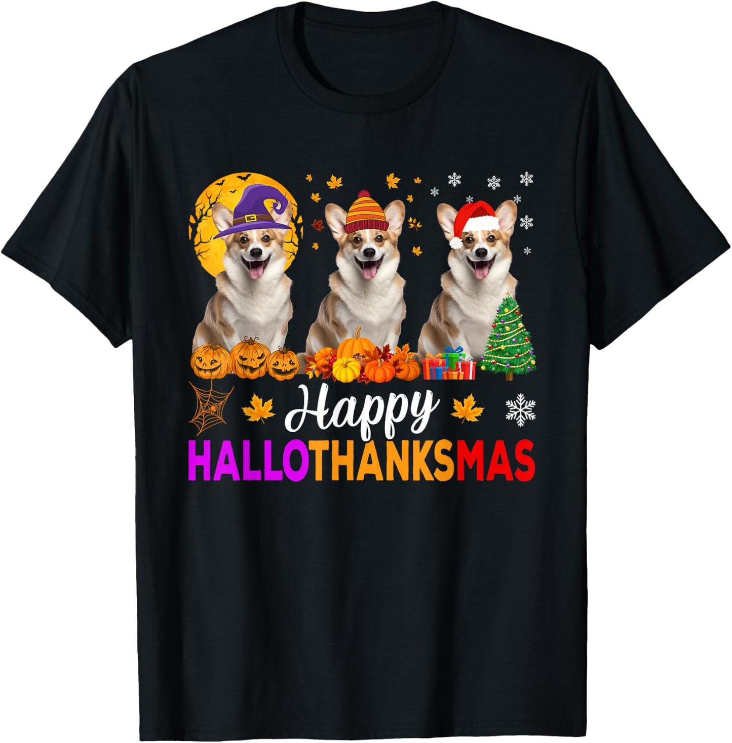 Corgi Dog Halloween Christmas Hallothanksmas T-Shirt - T-Shirt | Black