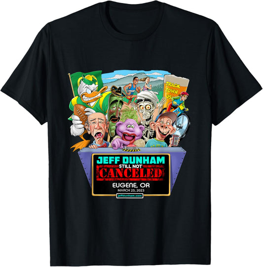 Jeff Dunham 2023 Eugene, OR Black Cotton - Classic Fit, Short Sleeve, Letter Print T-Shirt - T-Shirt | Black