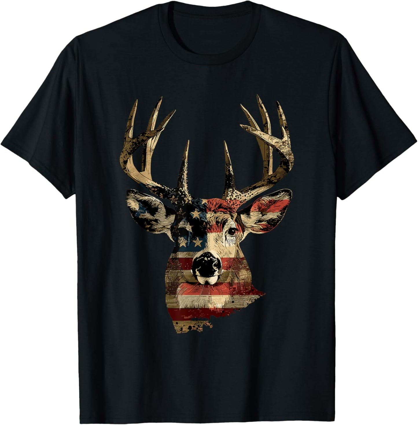 Whitetail Buck Deer Hunting 4th Of July USA American Flag T-Shirt - T-Shirt | Black